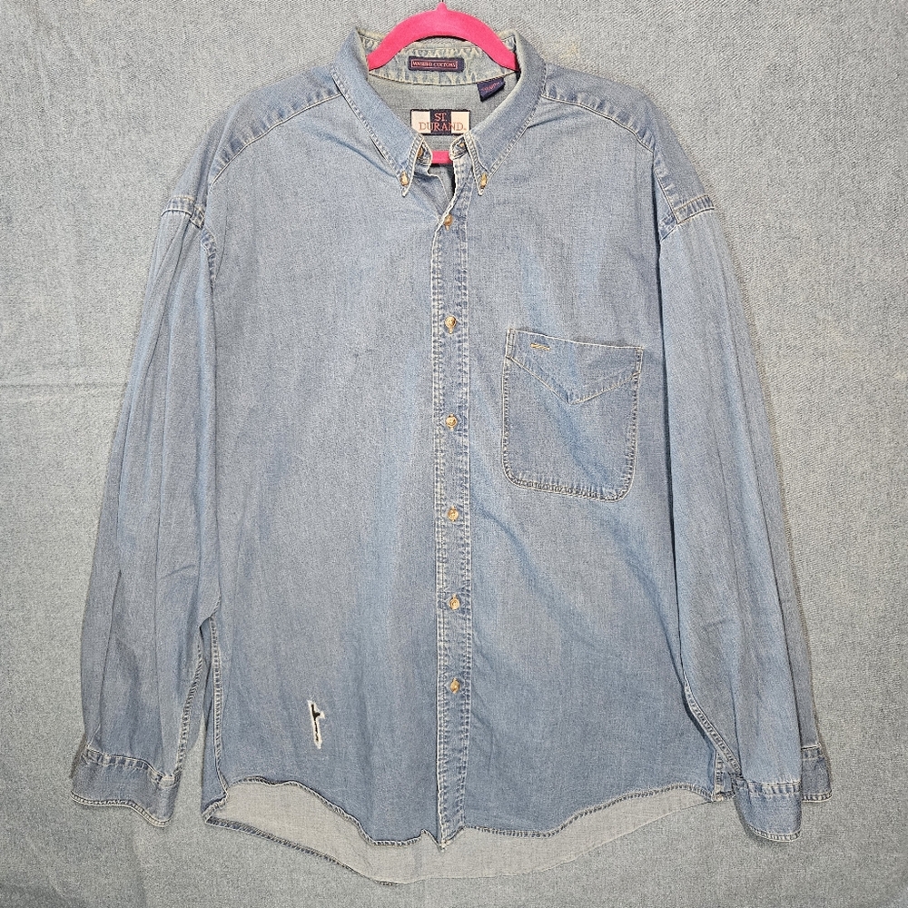 Vintage St. Durand Light Wash Denim Shirt 100% Cotton Made in USA Distressed Hem